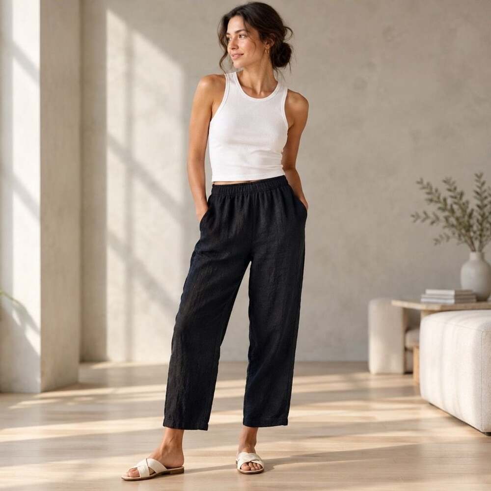 J.Jill Linen Pants Size S Black 100% Linen Elastic Waist Casual Trousers